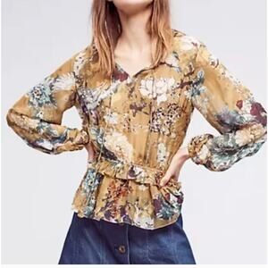 NWOT Hemant & Nandita Yellow & Blue Silk Ruffle Blouse, Size Medium, M